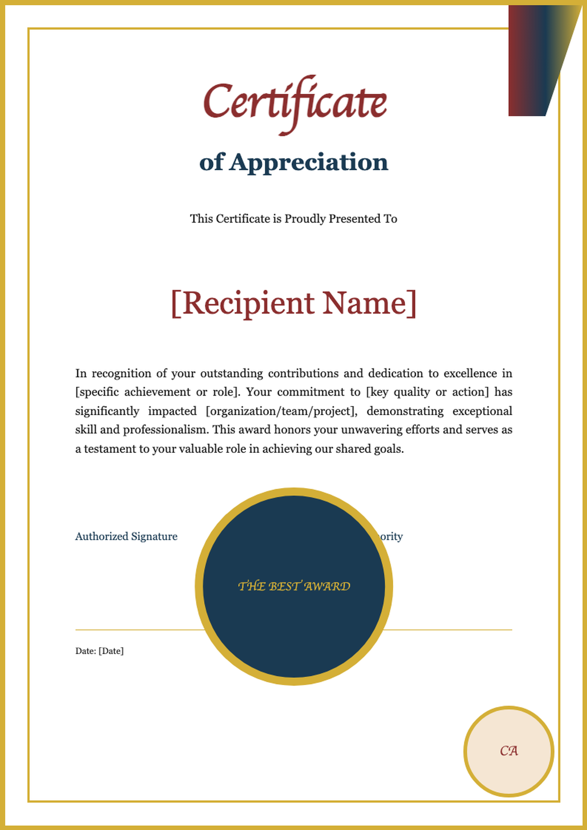 Elegant certificate of appreciation with red and gold ribbon design_variant_1